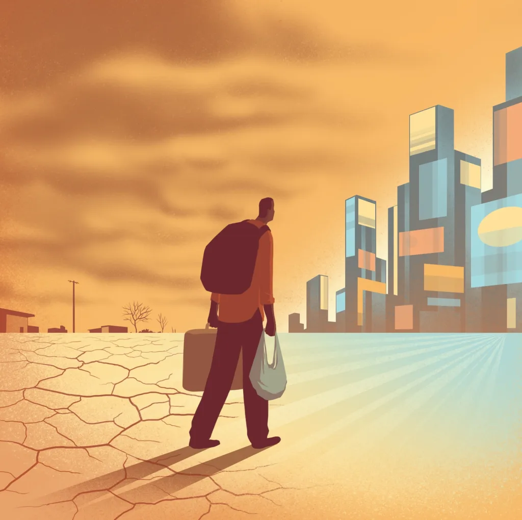 Illustration of a farmer from Senegal affected by floods and droughts