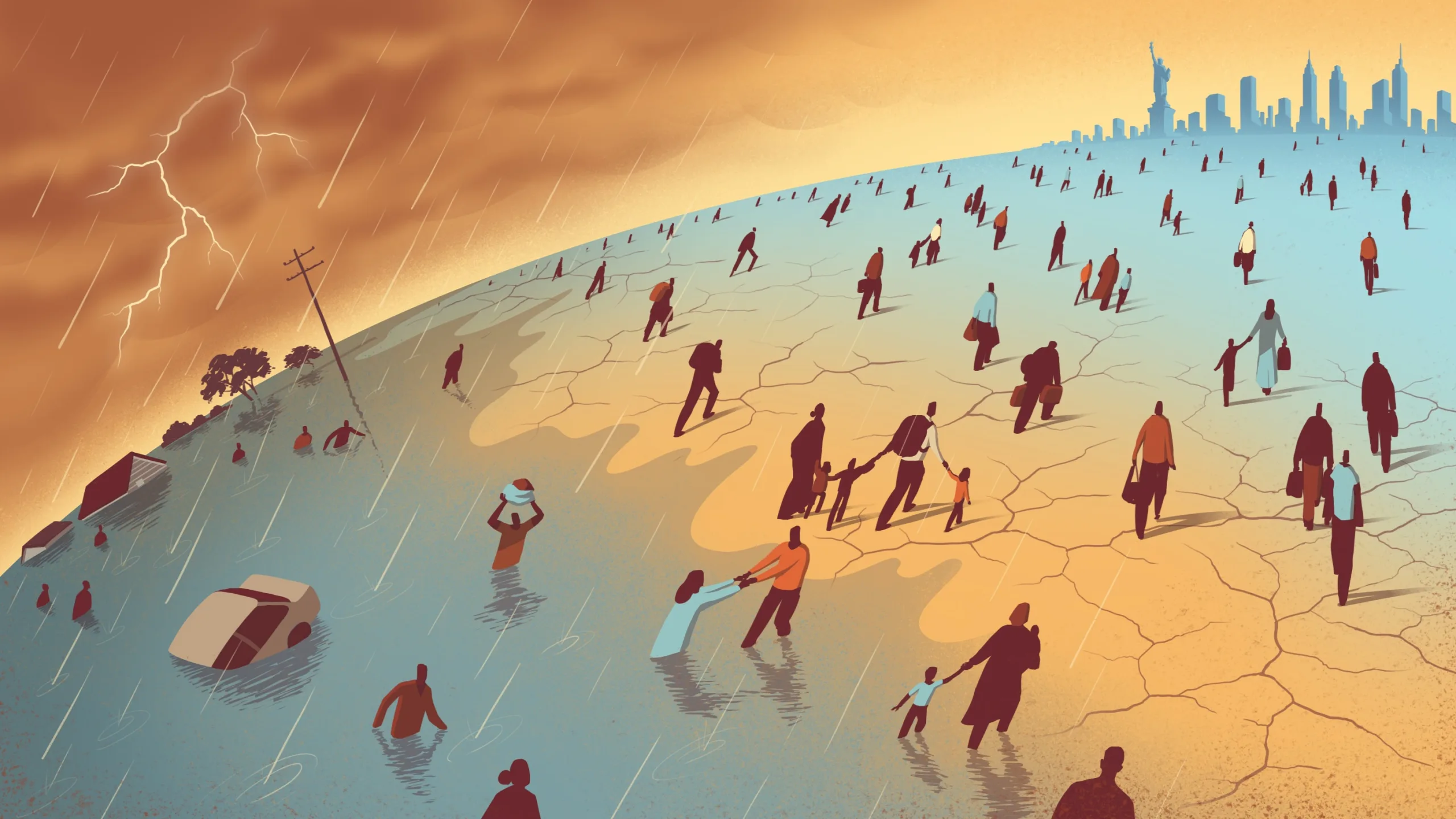 Illustration of climate migrants arriving in New York City
